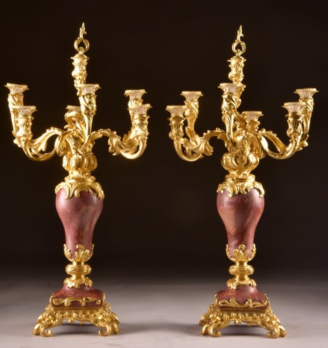 Napoléon III - Pair Of Six-light Napoleon III Candelabras In Gilded Bronze And Marble