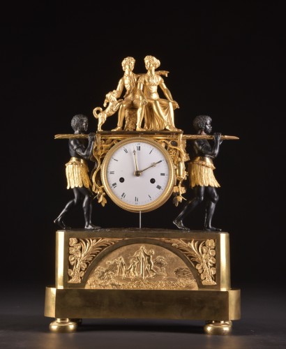 magnificent Empire mantel clock portraying Paul an Virginie,  - Horology Style Empire