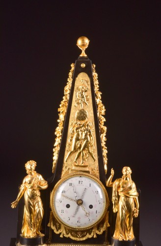 Horology  -  A large rare Obelisk Mantel clock with calendar. Late 18th c