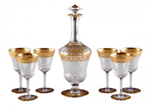 St. Louis Thistle Gold  Cristal Carafe &amp; 6 glasses