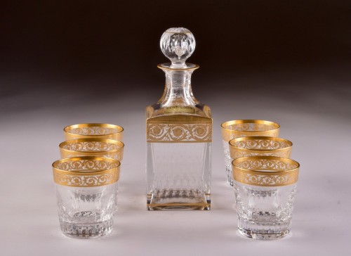 Antiquités - St. Louis - &quot;Thistle Gold&quot; carafe &amp; 6 &quot;Thistle Gold&quot; glasses