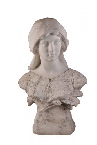 Large two-tone Carrara marble bust of a young woman