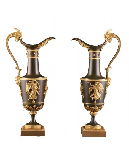 Pair of gilt & patinated bronze ewers, attributed to Claude Galle, ca. 1805