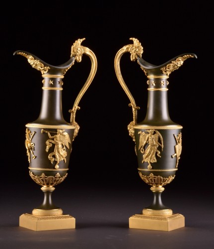 Pair of gilt &amp; patinated bronze ewers, attributed to Claude Galle, ca. 1805 - 