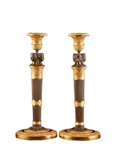 Claude Galle, Pair of gilt &amp; patinated bronze candlesticks