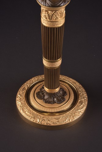 19th century - Claude Galle, Pair of gilt &amp; patinated bronze candlesticks