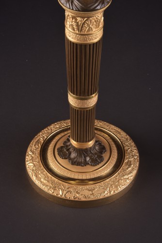 Antiquités - Claude Galle, Pair of gilt &amp; patinated bronze candlesticks