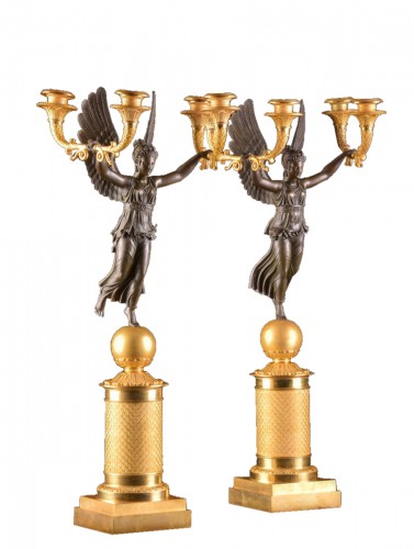 Exceptionally fine pair French figural bronze Empire candelabra