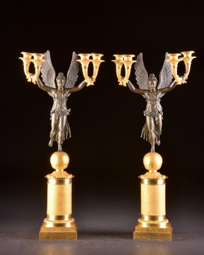 Exceptionally fine pair French figural bronze Empire candelabra - Lighting Style Empire