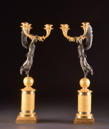 19th century - Exceptionally fine pair French figural bronze Empire candelabra