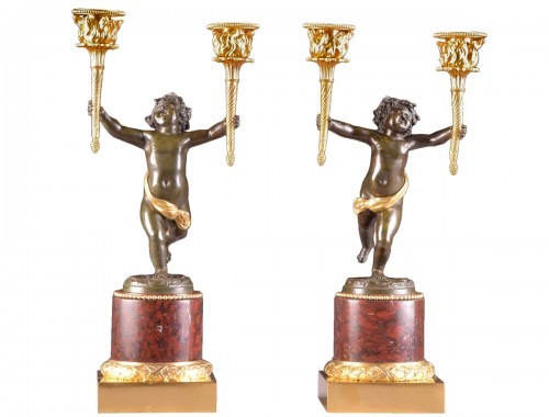 Pair Empire candlesticks with putti 