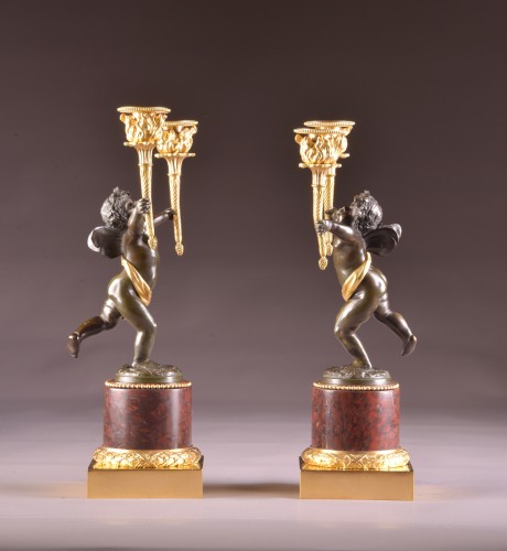 Pair Empire candlesticks with putti  - 