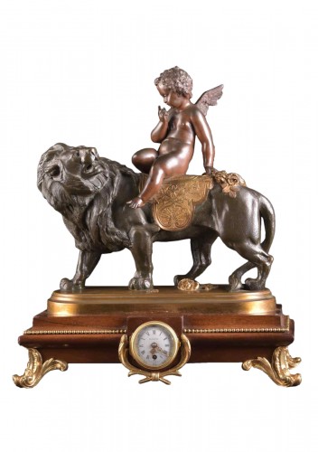 Impressive French table clock, Cupid on lion