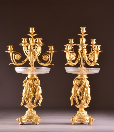 Antiquités - Paire de candélabres en bronze et cristal, fin 19e