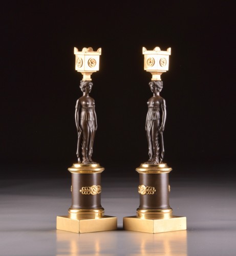 19th century - Pair of figural Empire candlesticks