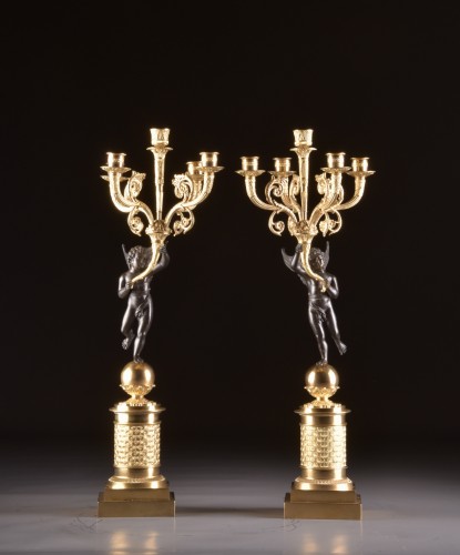 Large pair of empire french candelabra with putti  - Lighting Style Empire