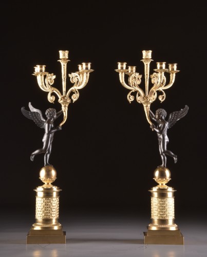 Large pair of empire french candelabra with putti  - Empire