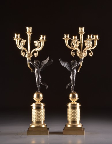 Antiquités - Large pair of empire french candelabra with putti 