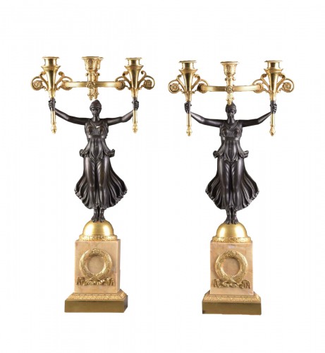 A Pair of Empire Gilt and Patinated Bronze Four-Light Figural Candelabra 