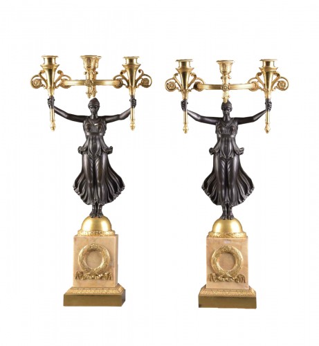 A Pair of Empire Gilt and Patinated Bronze Four-Light Caryatids Candelabra 