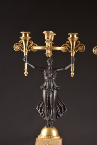A Pair of Empire Gilt and Patinated Bronze Four-Light Figural Candelabra  - Lighting Style Empire