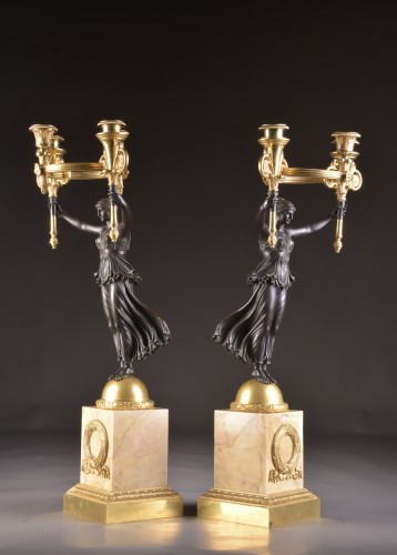 A Pair of Empire Gilt and Patinated Bronze Four-Light Figural Candelabra  - Empire