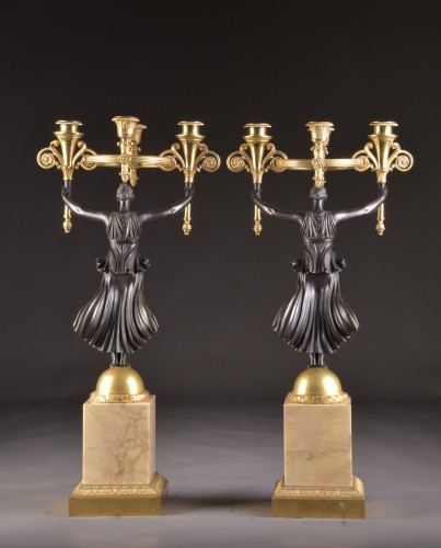 Empire - A Pair of Empire Gilt and Patinated Bronze Four-Light Figural Candelabra 