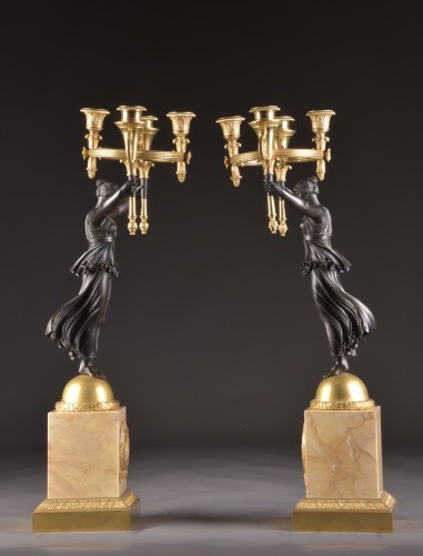 Antiquités - A Pair of Empire Gilt and Patinated Bronze Four-Light Figural Candelabra 