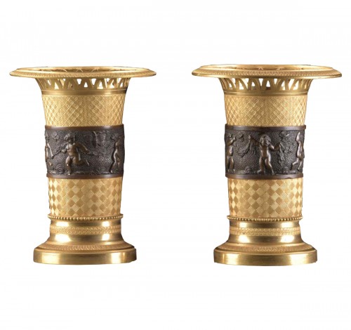 Pair French Empire Gilt Bronze and Patina Bronze Urns / tazza