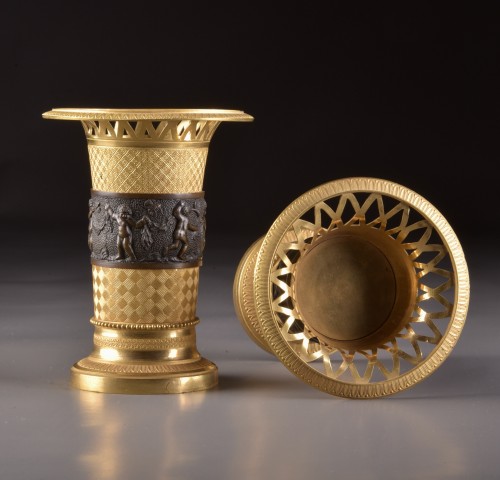 Pair French Empire Gilt Bronze and Patina Bronze Urns / tazza - 