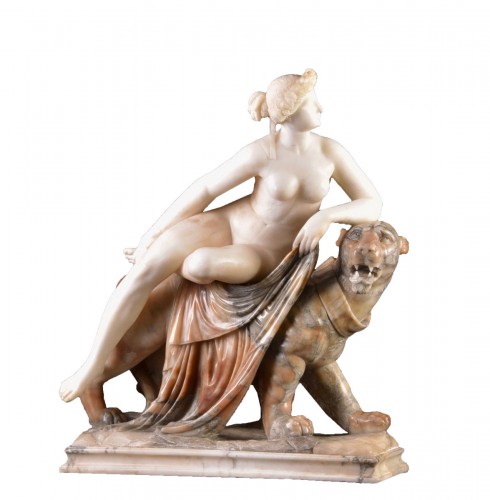 A large italian 19th century alabaster group of &quot;Ariadne on the panther&quot;
