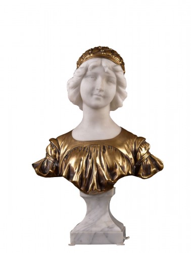Beautiful bust of a young girl with a hat by A. Calendi, ca. 1900