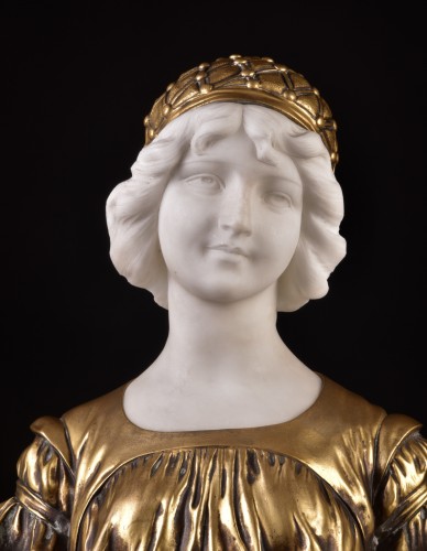 Beau buste de jeune fille au chapeau par A. Calendi, ca. 1900 - Sculpture Style Art nouveau