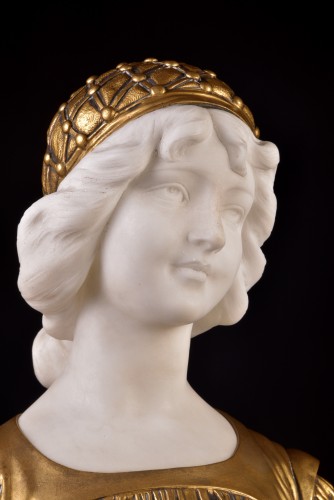 Sculpture Sculpture en Marbre - Beau buste de jeune fille au chapeau par A. Calendi, ca. 1900