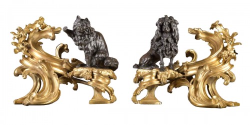 pair of &quot;Dog and Cat&quot; andirons from the J. Caffieri atelie (1678-1755), Bellevue castle