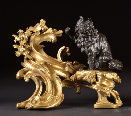 pair of &quot;Dog and Cat&quot; andirons from the J. Caffieri atelie (1678-1755), Bellevue castle - Decorative Objects Style Louis XV