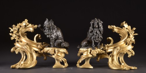 pair of &quot;Dog and Cat&quot; andirons from the J. Caffieri atelie (1678-1755), Bellevue castle - 