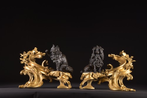 18th century - pair of &quot;Dog and Cat&quot; andirons from the J. Caffieri atelie (1678-1755), Bellevue castle