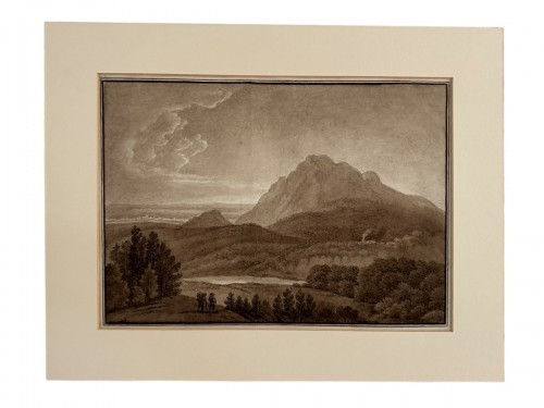 Paysage romantique avec un rocher et des voyageurs 