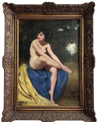 Large Seated Nude on Blue and Yellow Drapery - Mária Szánthó (1897-1998)