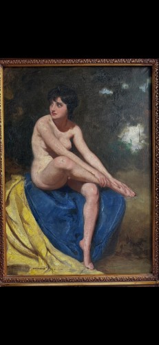 Large Seated Nude on Blue and Yellow Drapery - Mária Szánthó (1897-1998) - Paintings & Drawings Style Art Déco