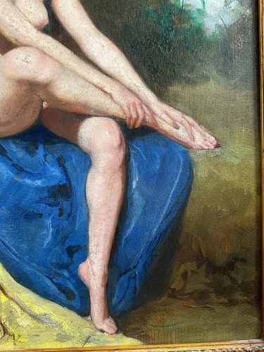 Large Seated Nude on Blue and Yellow Drapery - Mária Szánthó (1897-1998) - 