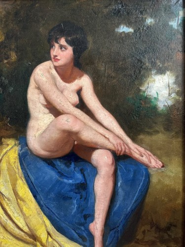 20th century - Large Seated Nude on Blue and Yellow Drapery - Mária Szánthó (1897-1998)