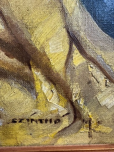 Large Seated Nude on Blue and Yellow Drapery - Mária Szánthó (1897-1998) - Art Déco