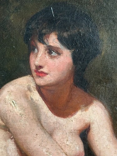 Antiquités - Grand nu assis sur une draperie bleue et jaune - Mária Szánthó (1897-1998)