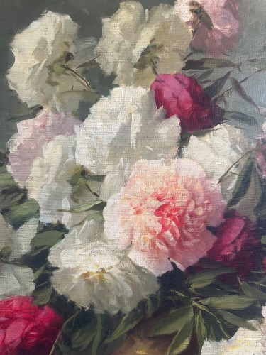 20th century - Adrienne Deák (1890-1956) – Still Life with Peonies in a Bronze Vase