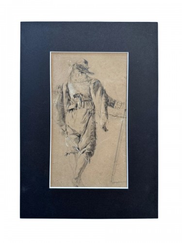 17th-Century Flemish School Drawing, "Young Man with a Sword and Cloak" 