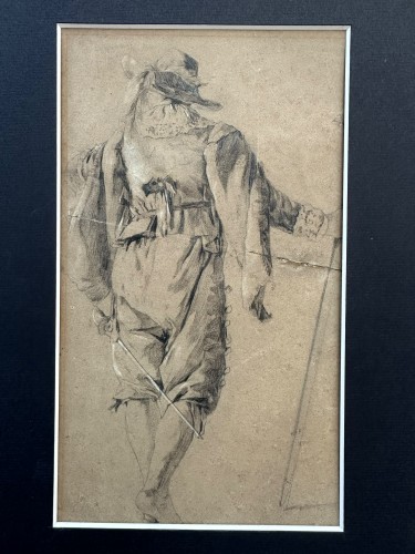 17th-Century Flemish School Drawing, "Young Man with a Sword and Cloak"  - 