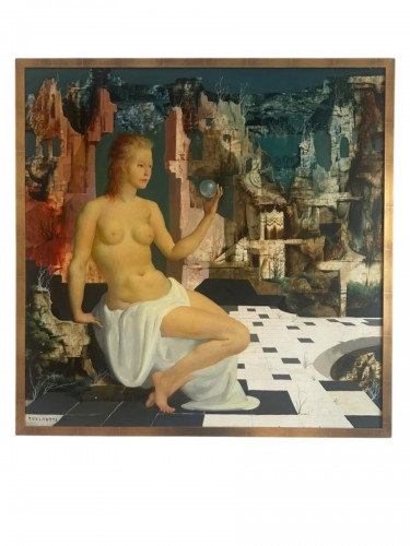 Marcel Delmotte (1901 – 1984) - Jeune femme à la sphère sur fond de paysage surréaliste.