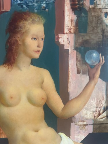 Marcel Delmotte (1901 – 1984) - Jeune femme à la sphère sur fond de paysage surréaliste. - Tableaux et dessins Style 